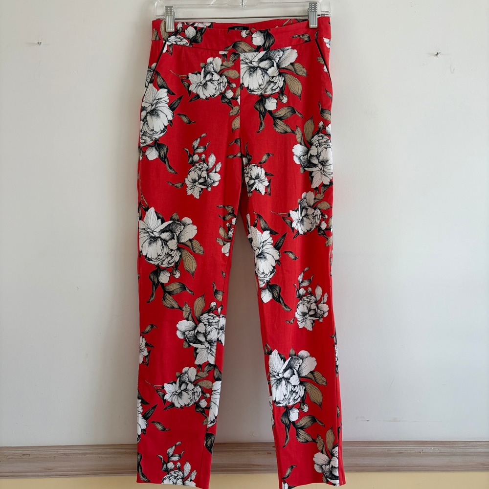 F&F Womens Red‎ Floral Slim Leg Trousers Pants Size US 4 UK 8 Botanical Print